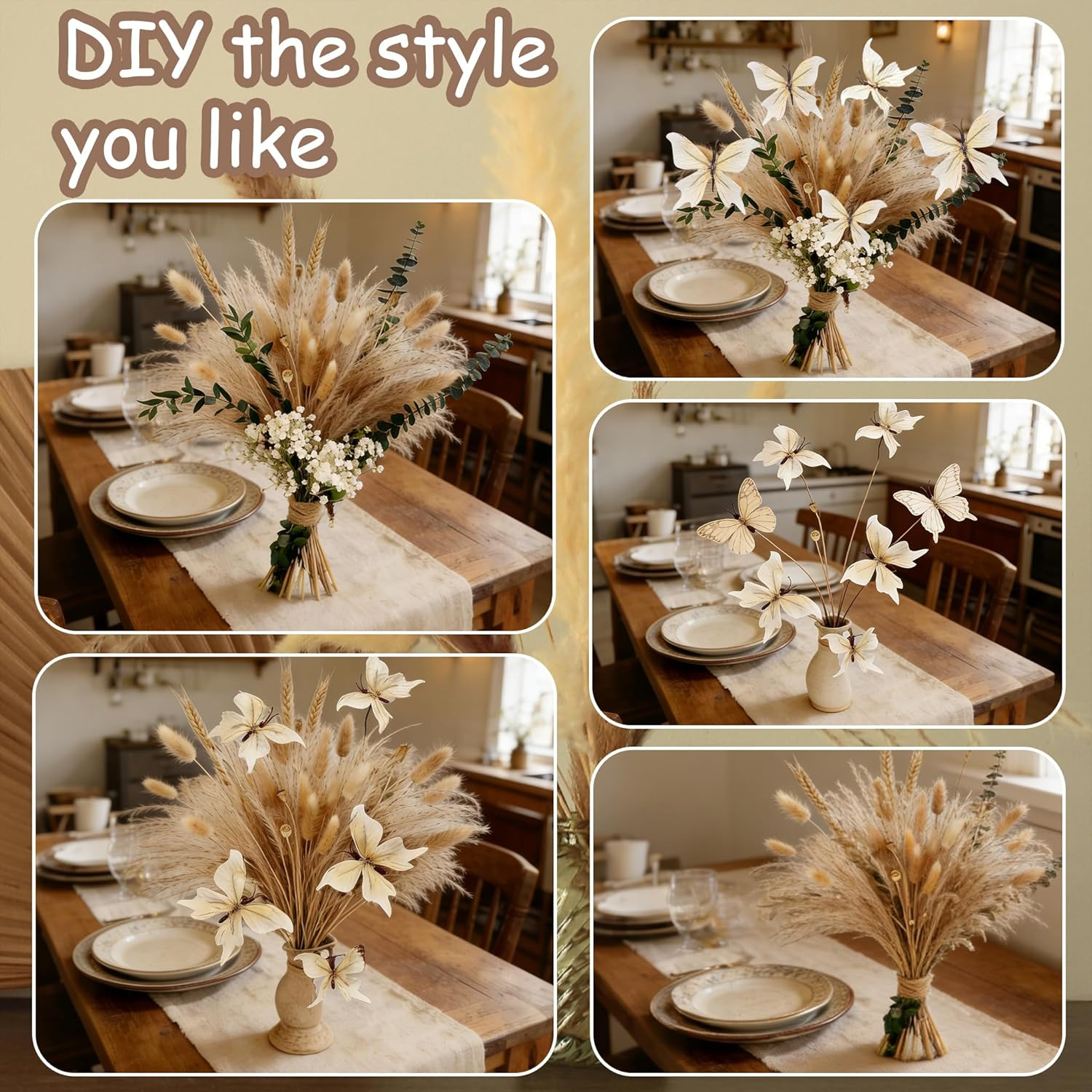 Pampas Grass Dried Flower Bouquet for Boho Home Decor | Eucalyptus, Butterflies