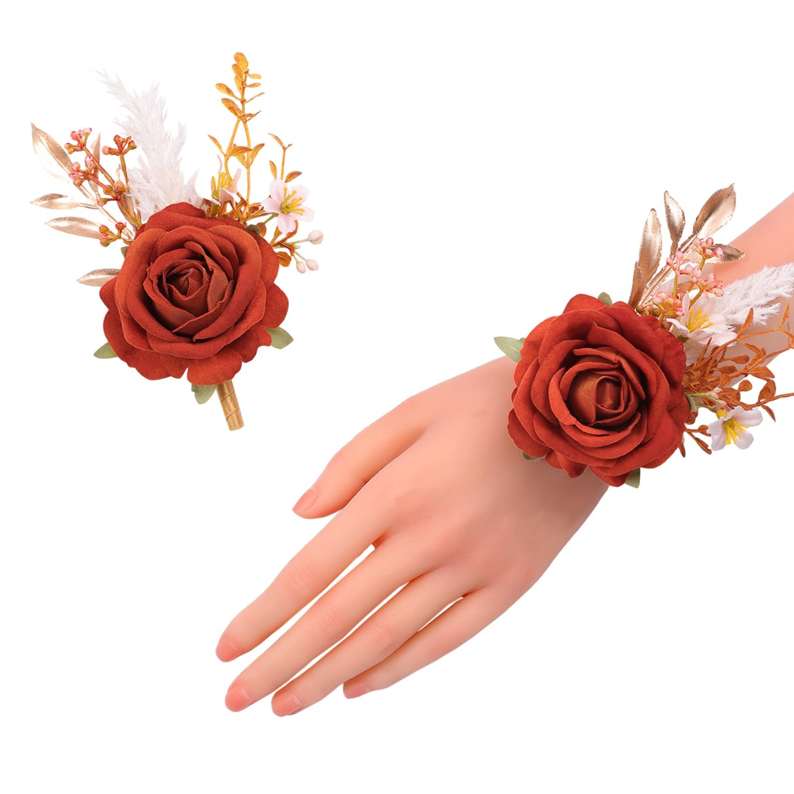 Burnt Orange Wrist Corsage and Boutonniere Set, Flower On Wrist for Bride Bri…