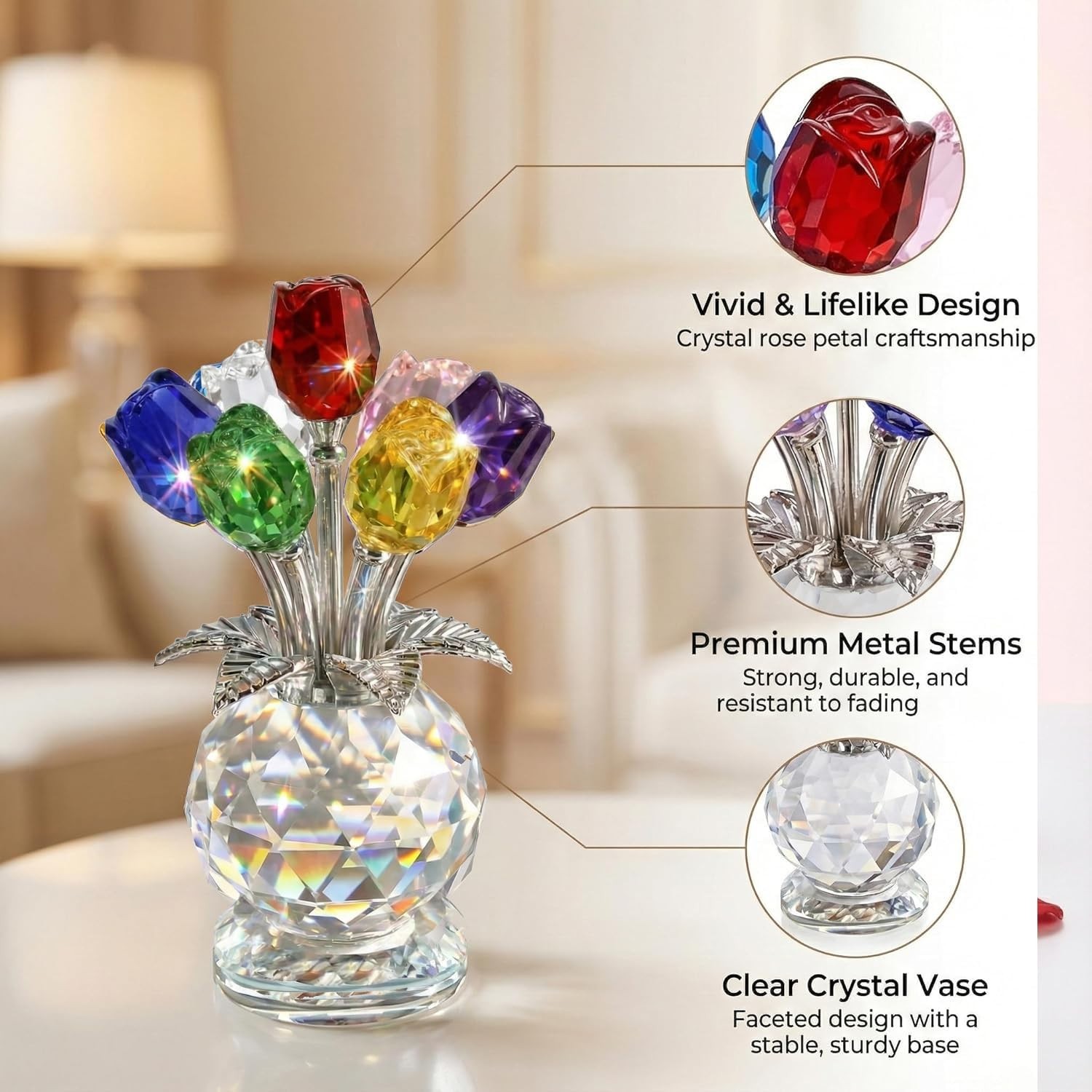 4.7 Inch Crystal Rose Bouquet – 7 Colorful K9 Glass Roses for Home Decor