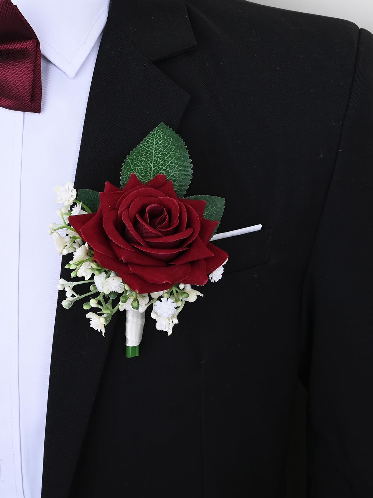 2 Pieces Boutonniere Wrist Corsage Set Artificial Rose Flowers Burgundy White