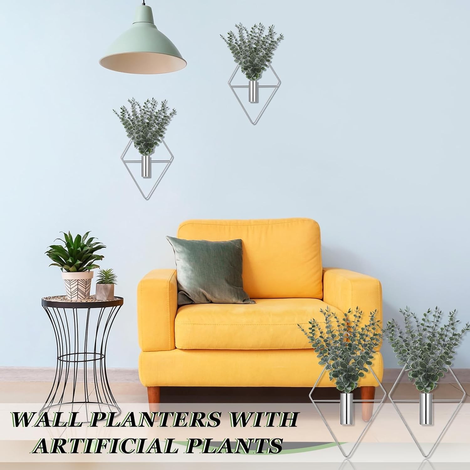4 Pcs Hanging Planters with Artificial Eucalyptus Chrome Silver Wall Decor Metal
