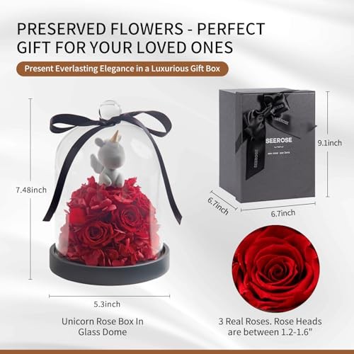 Preserved Rose with Unicorn in Glass Dome, Eternal Real Rose Red Lucky Unicorn