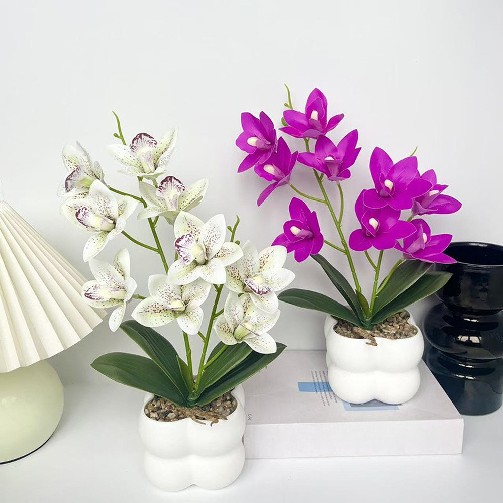 35cm Faux Pink Cymbidium Orchid in White Ceramic Pot for Minimalist Decor