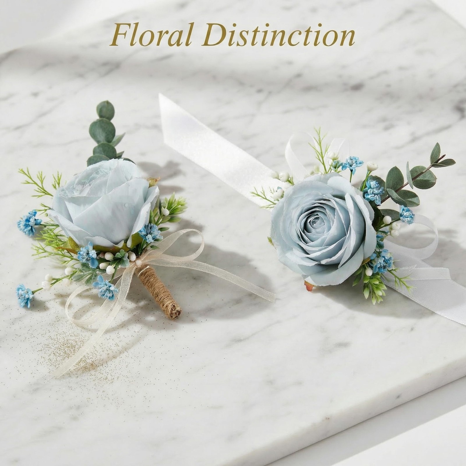 Blue Faux Pearl Wrist Corsage Boutonniere Set Prom Wedding Graduation