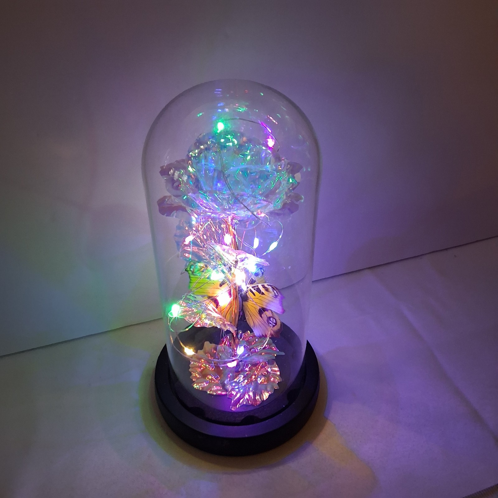 LED Galaxy Iridescent Rose Multicolor Light In Glass Dome W/Butterfly Great Gift