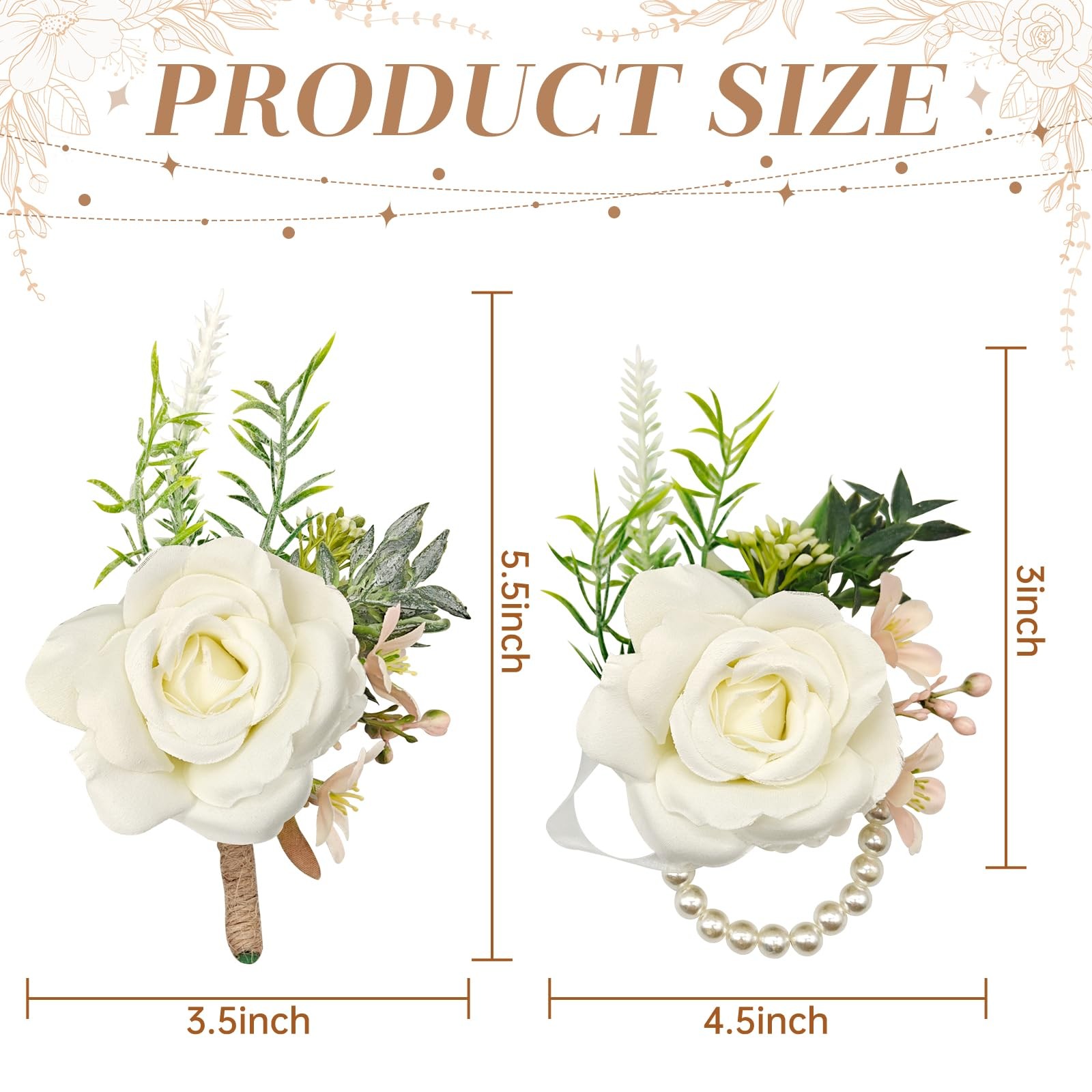 2 PCS Ivory Boutonniere Wrist Corsage Set Artificial Flower Pearl Band Prom