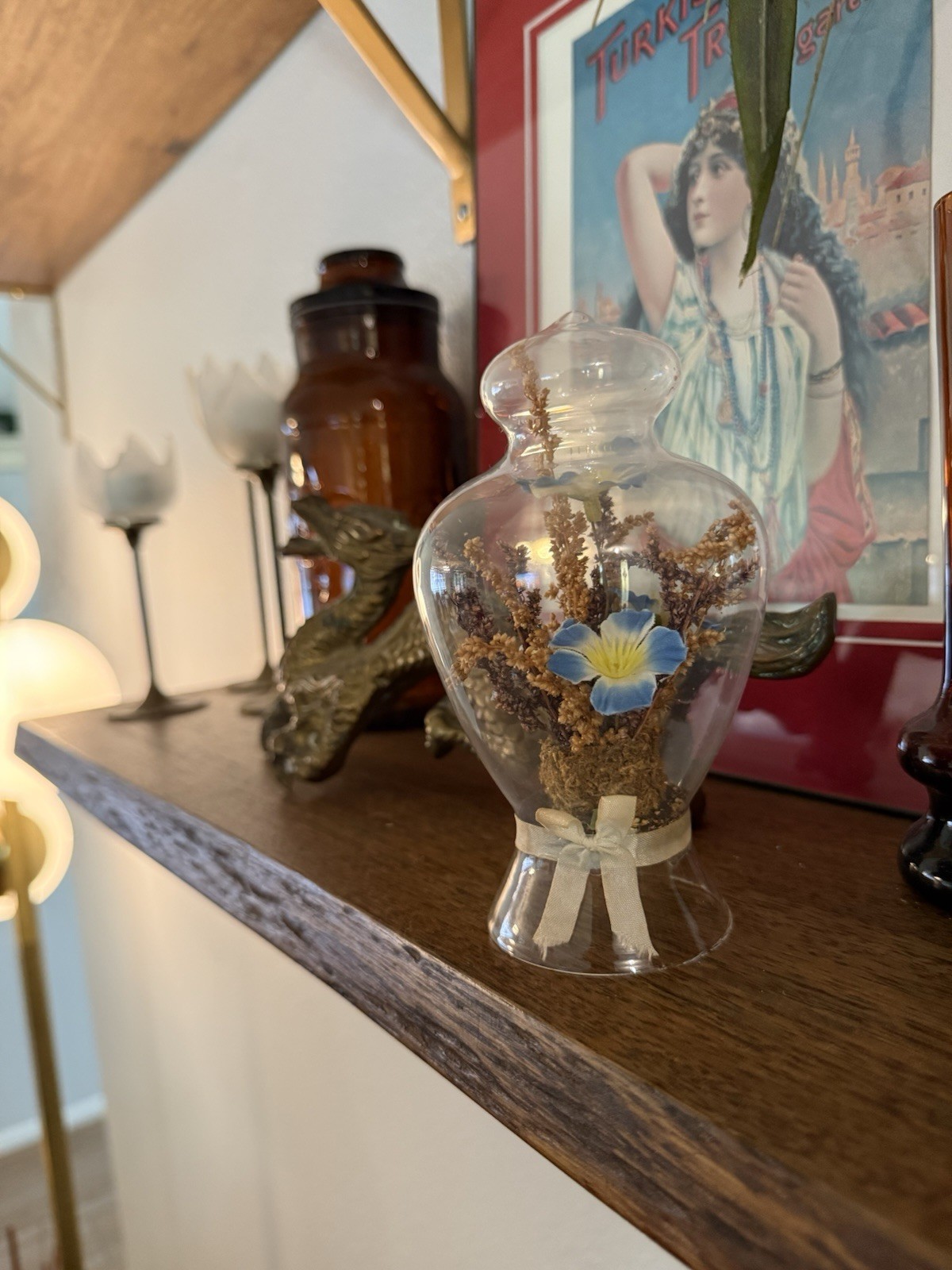Vintage . Blooming under glass terrarium w/ delicate blossoms &dried foliage