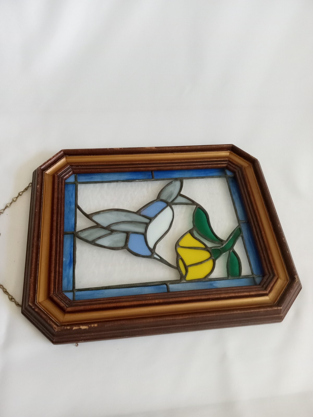 VINTAGE STAINED GLASS HANGING FRAMED ART FLOWER AND BIRD  16 X 12 1/4 IN