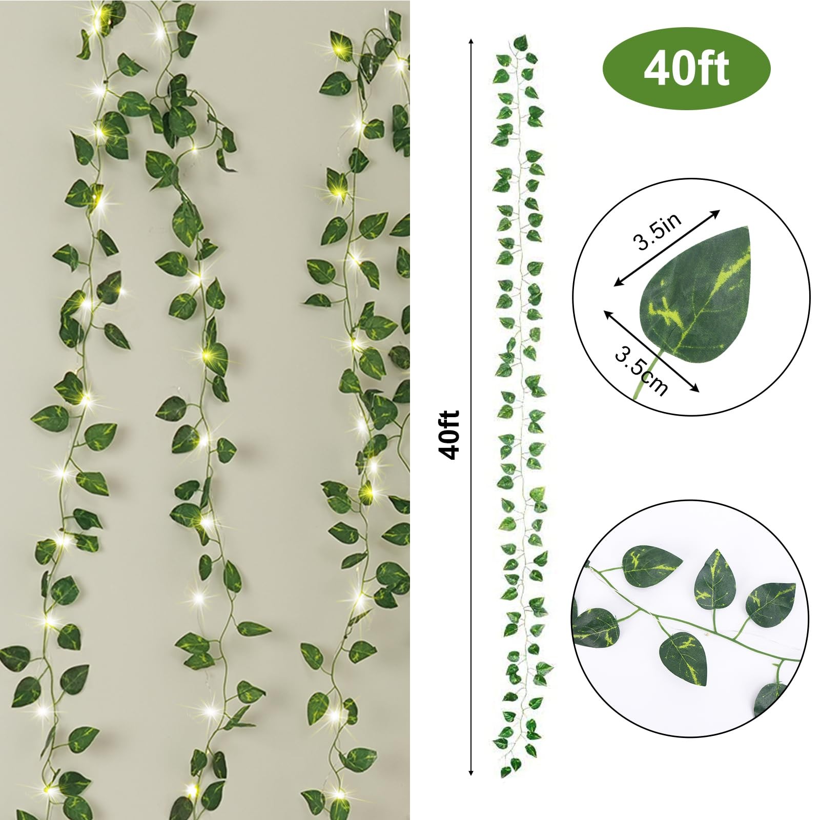 Vines with Lights Battery Operated, 40ft 120 Ivy String Lights, Fake Ivy Garl…