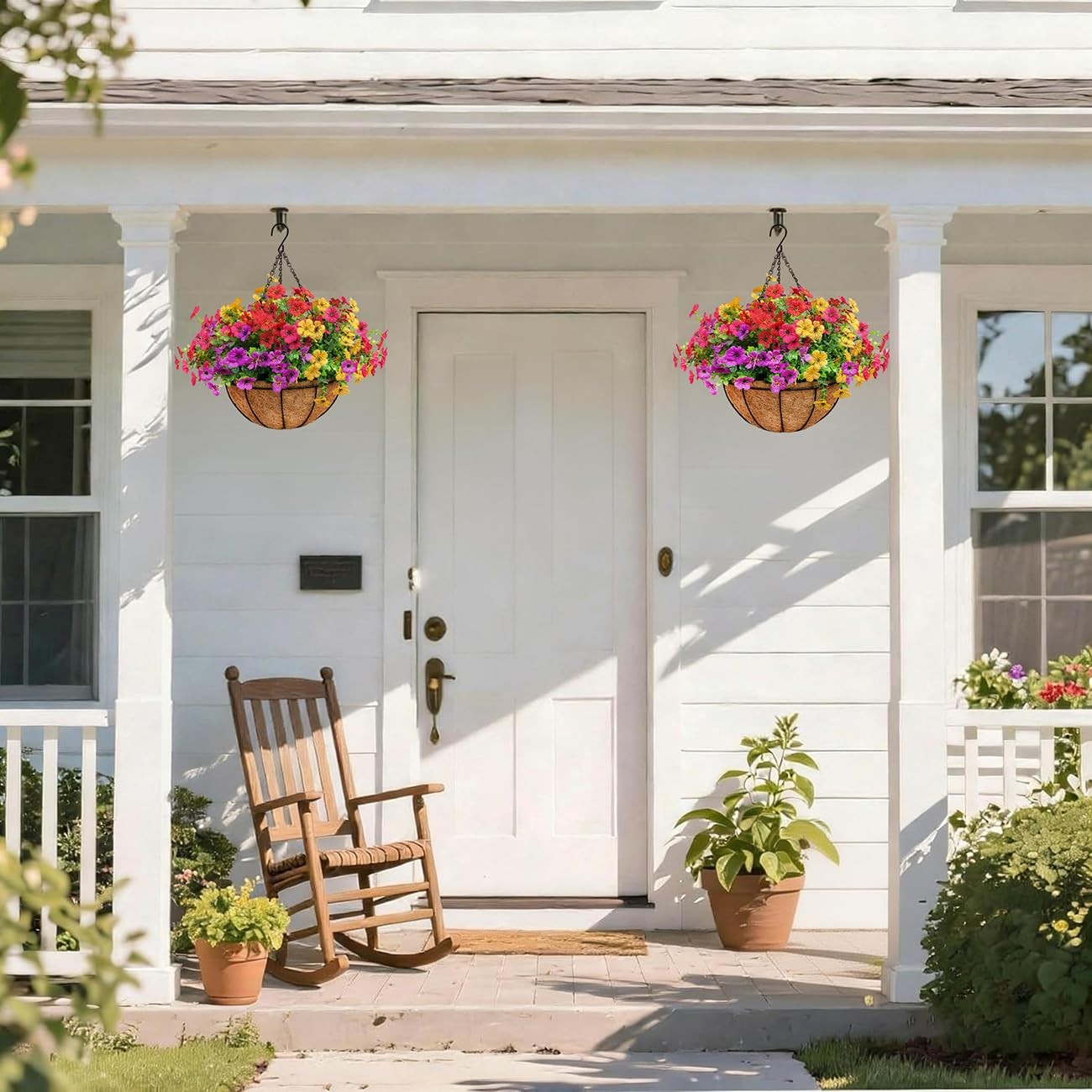 2 Set Artificial Outdoor Flowers with Hanging Basket for Garden Porch Patio B…