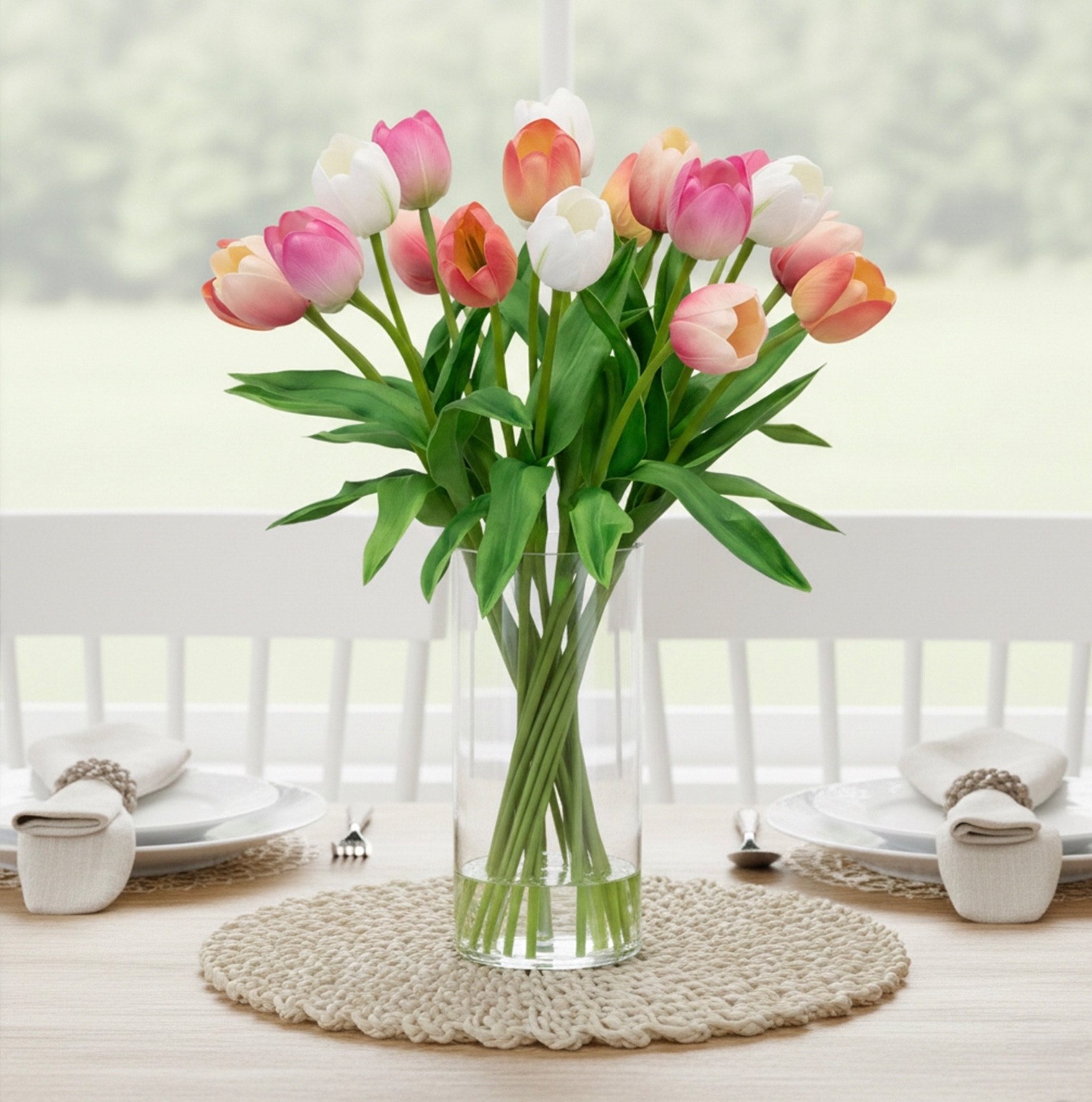 Faux 20″ Tulip Arrangement Lifelike Glass Vase Water Illusion Real Touch Petals