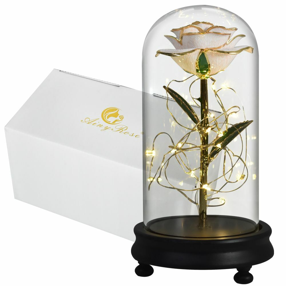 Gold Dipped Rose Flower In Glass Birthday Wedding Valentine Mothers Gift Womens