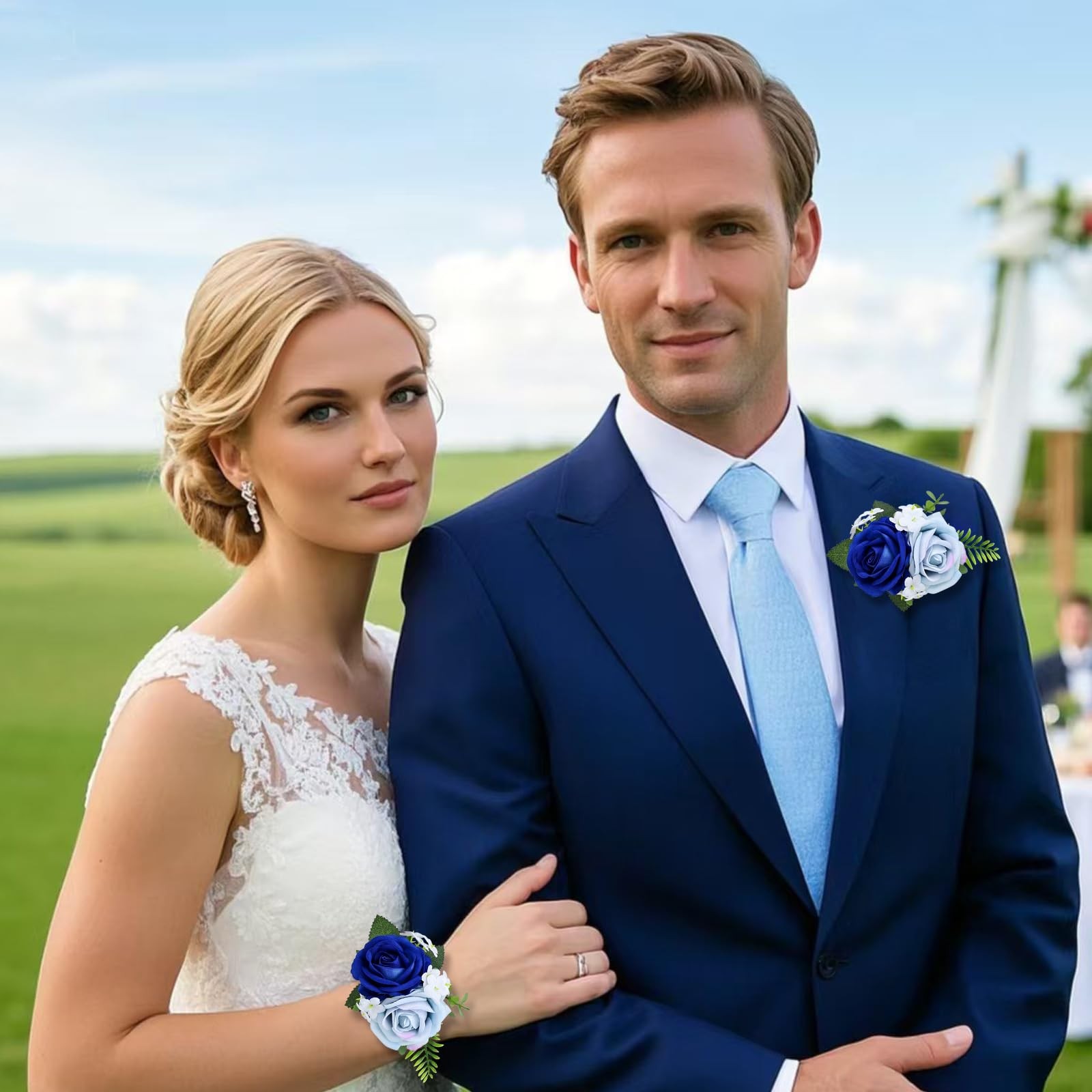 2Pcs Light Blue Blue Rose Wrist Corsage Wristlet Band and Boutonniere Set, f…