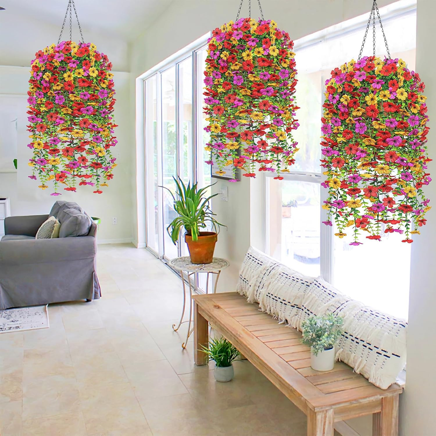 Artificial Hanging Flowers Plants Basket for Outdoors Decoration, 2PCS Multicolo
