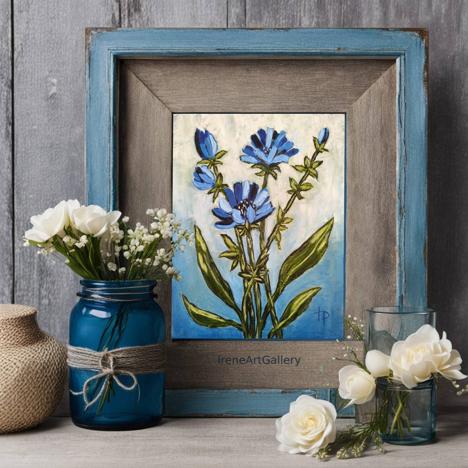 Chicory Botanical Oil Painting Original Floral Expressionist Art Blue Flower Wal