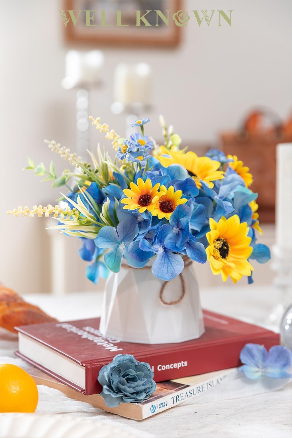 Small Fake Flowers in Plastic Vase 7 Centerpieces Coffee Table Decor, Silk Su…