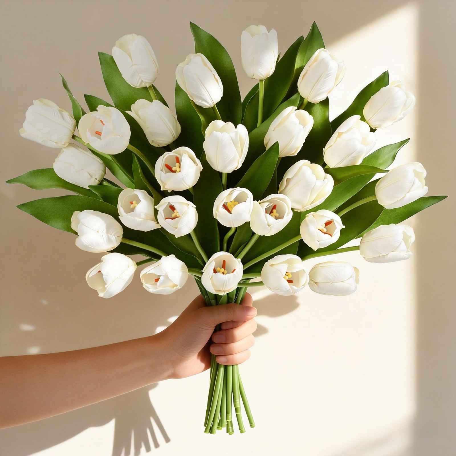 12 PCS White Artificial Tulips Real Touch Faux Flowers 14 Inch Bouquet