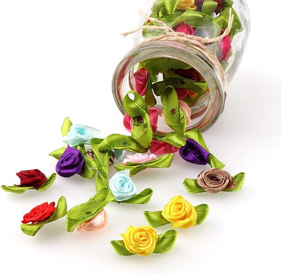 Mini Ribbon Roses, 100Pcs Artificial Fabric Flowers with Green Leaves Mixed Colo