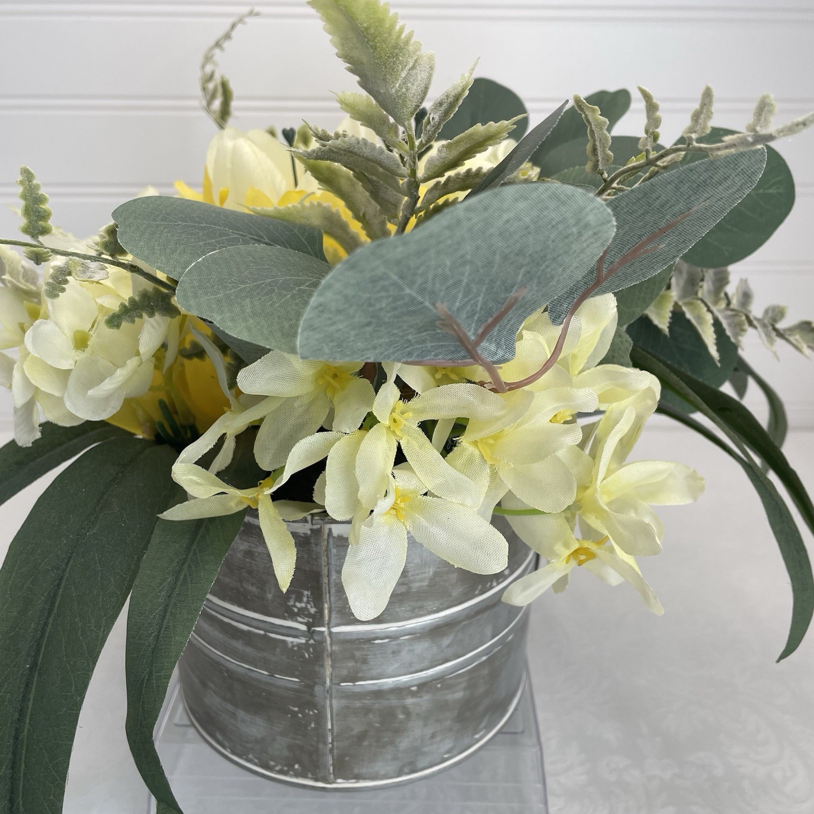Artificial Floral Basket Arrangement Centerpiece Yellow Flowers in Metal Planter
