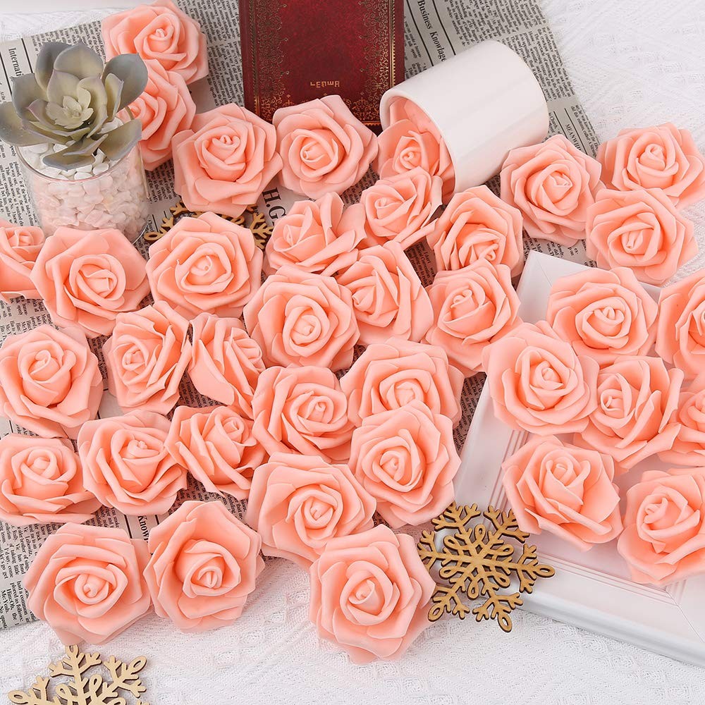 Artificial Rose Flower Heads, 100pcs Peach Roses Artificial Flower Foam Rose …
