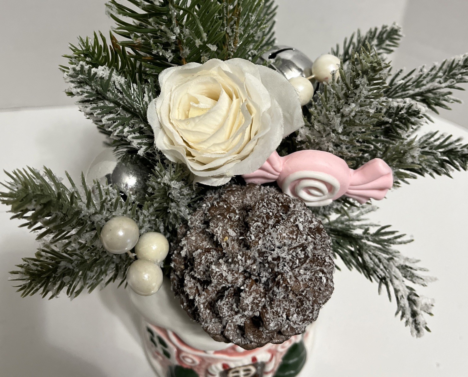 Flora Bunda Christmas Artificial Plant Pink Gingerbread House Ceramic Pot Decor