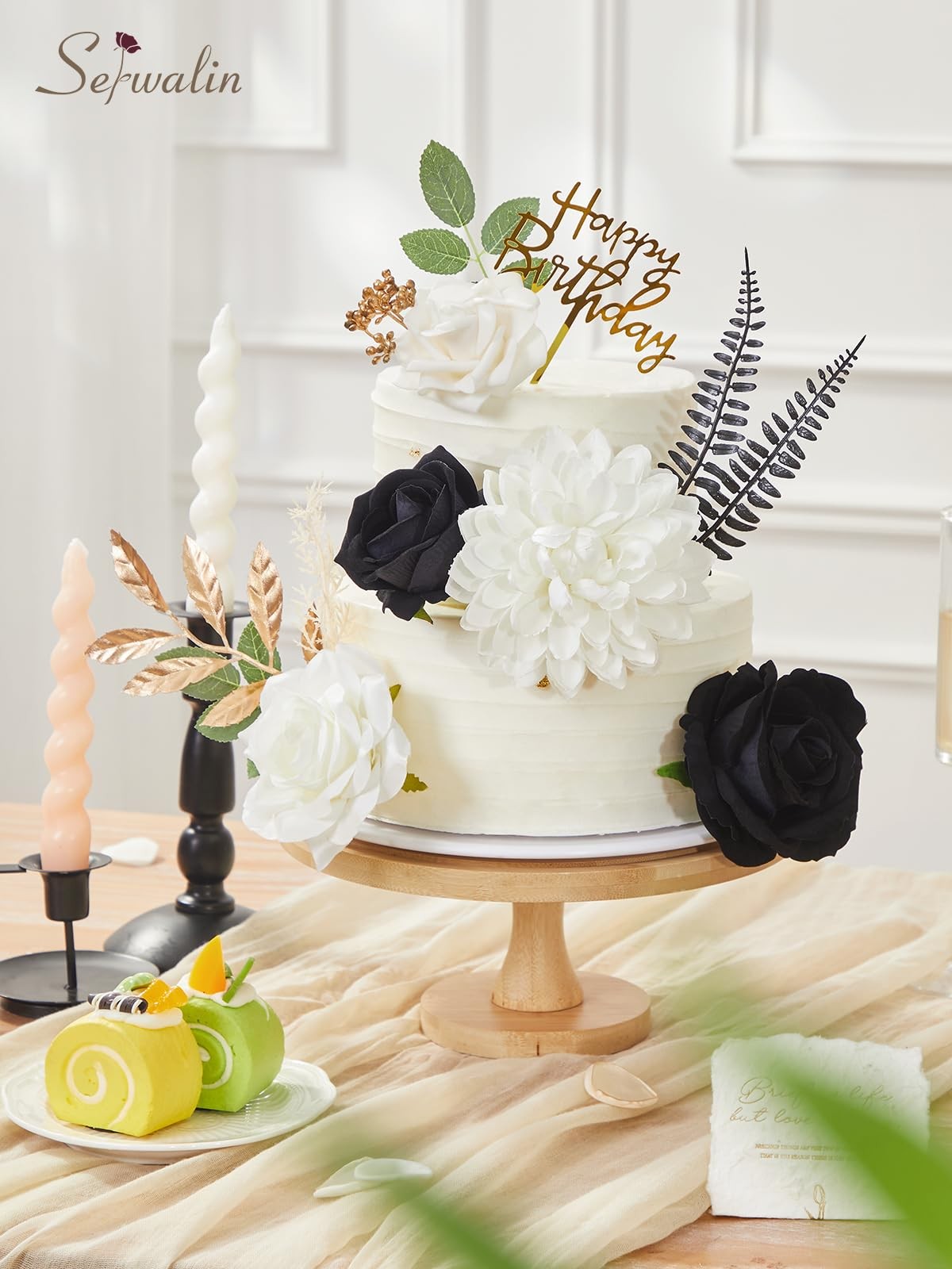 Black Artificial Flowers, White Roses Silk Fake Flowers for DIY Wedding Brida…