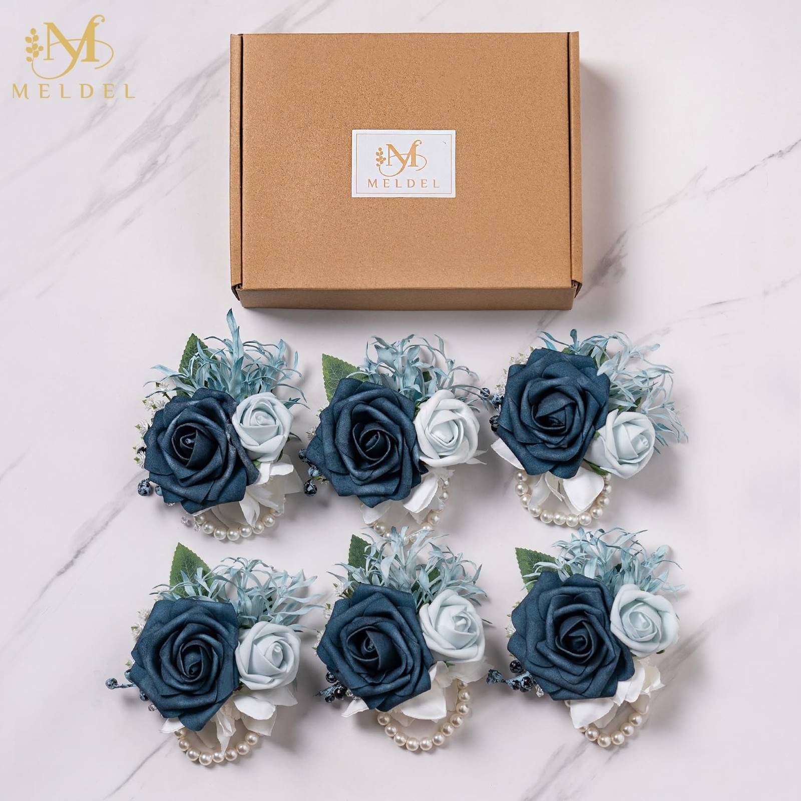 6 Pcs Navy Blue Wrist Corsage, Bride, Bridesmaid, Wedding, Prom, Party, Ceremony