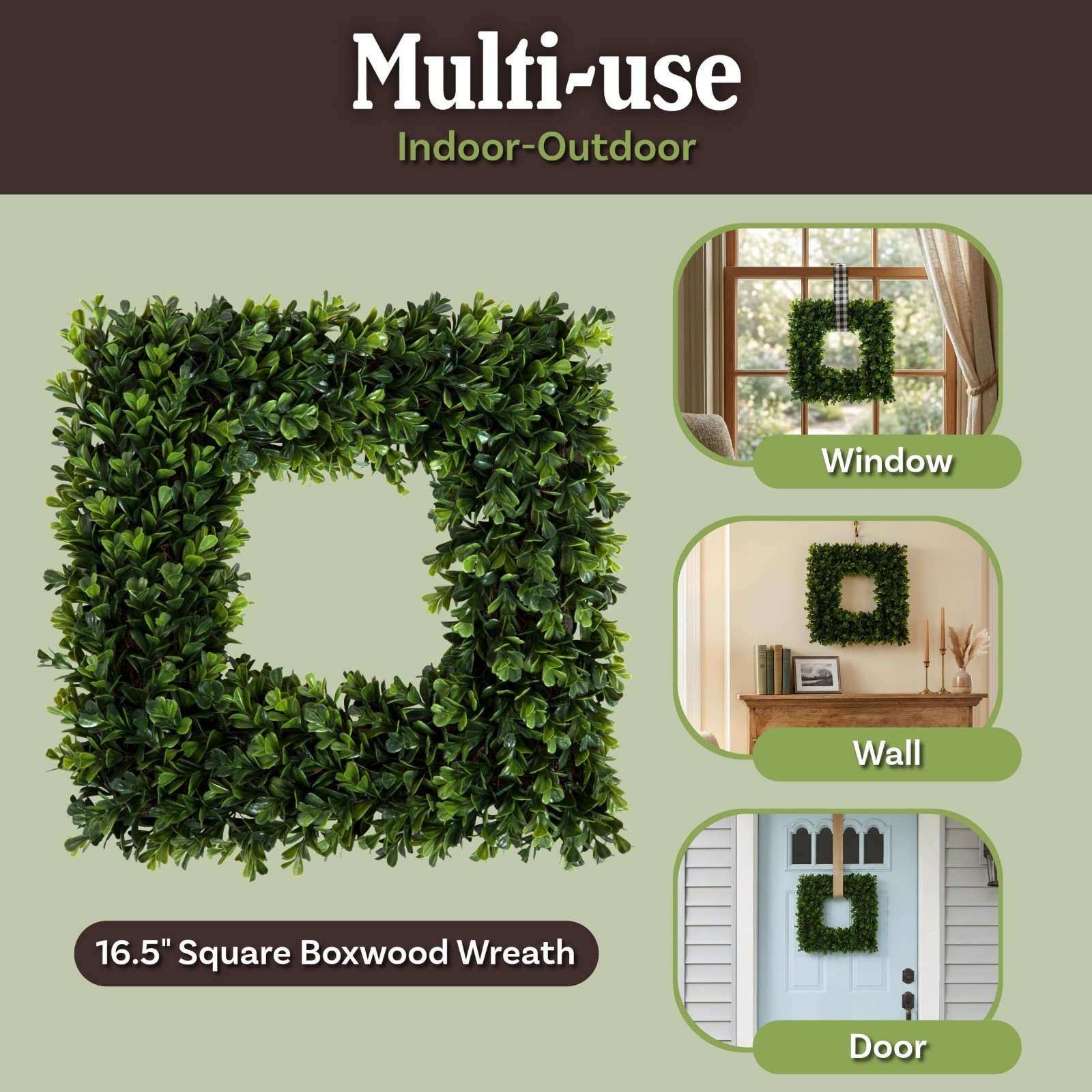 Set of 2 16.5-Inch Square Artificial Boxwood Wreaths – Year-Round Indoor/Outdoor