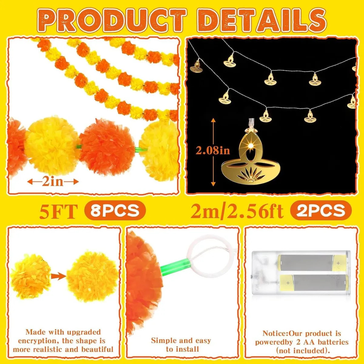 10 Pcs Diwali Decoration Set 5ft Artificial Marigold Garland 6.56ft String Light