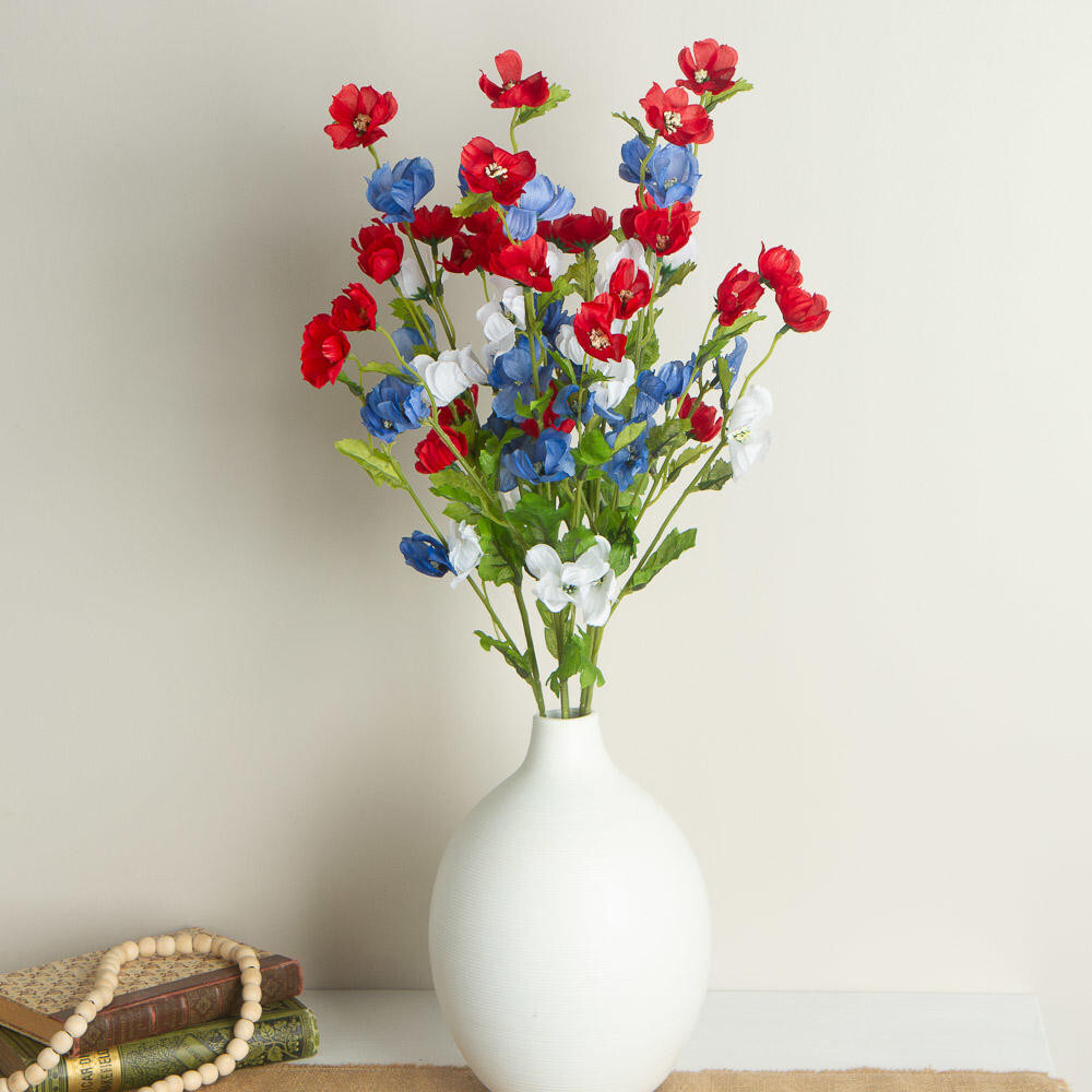 Set of 2 Red, White and Blue Patriotic Soft Poly Silk Cosmos 22″ Floral Bushes
