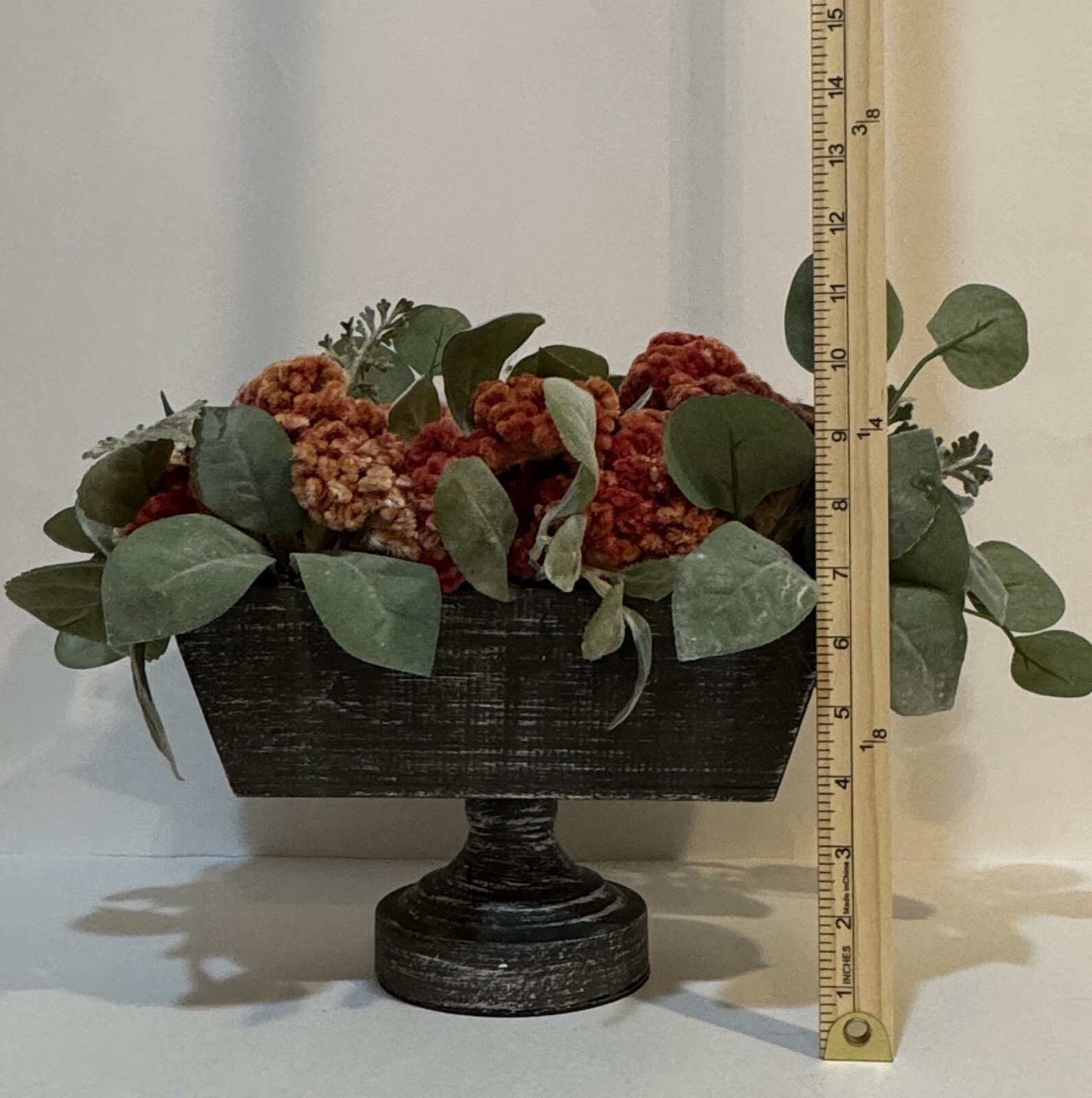 Orange Dried Floral Centerpiece Decor & Faux Green Leaves Metal Base Wooden Box