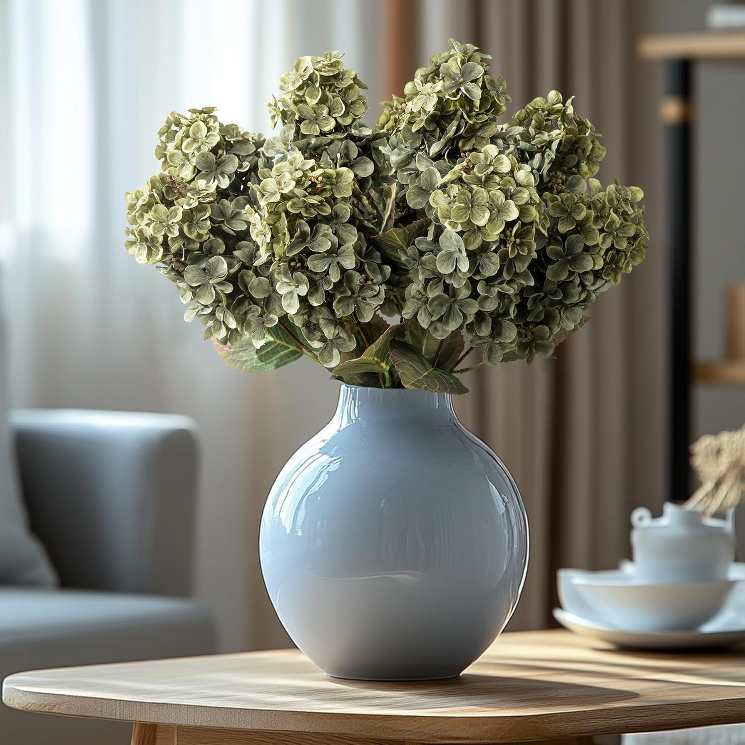 Green Silk Hydrangea Flowers – 8 Pcs Faux Fall Bouquet for Home Decor