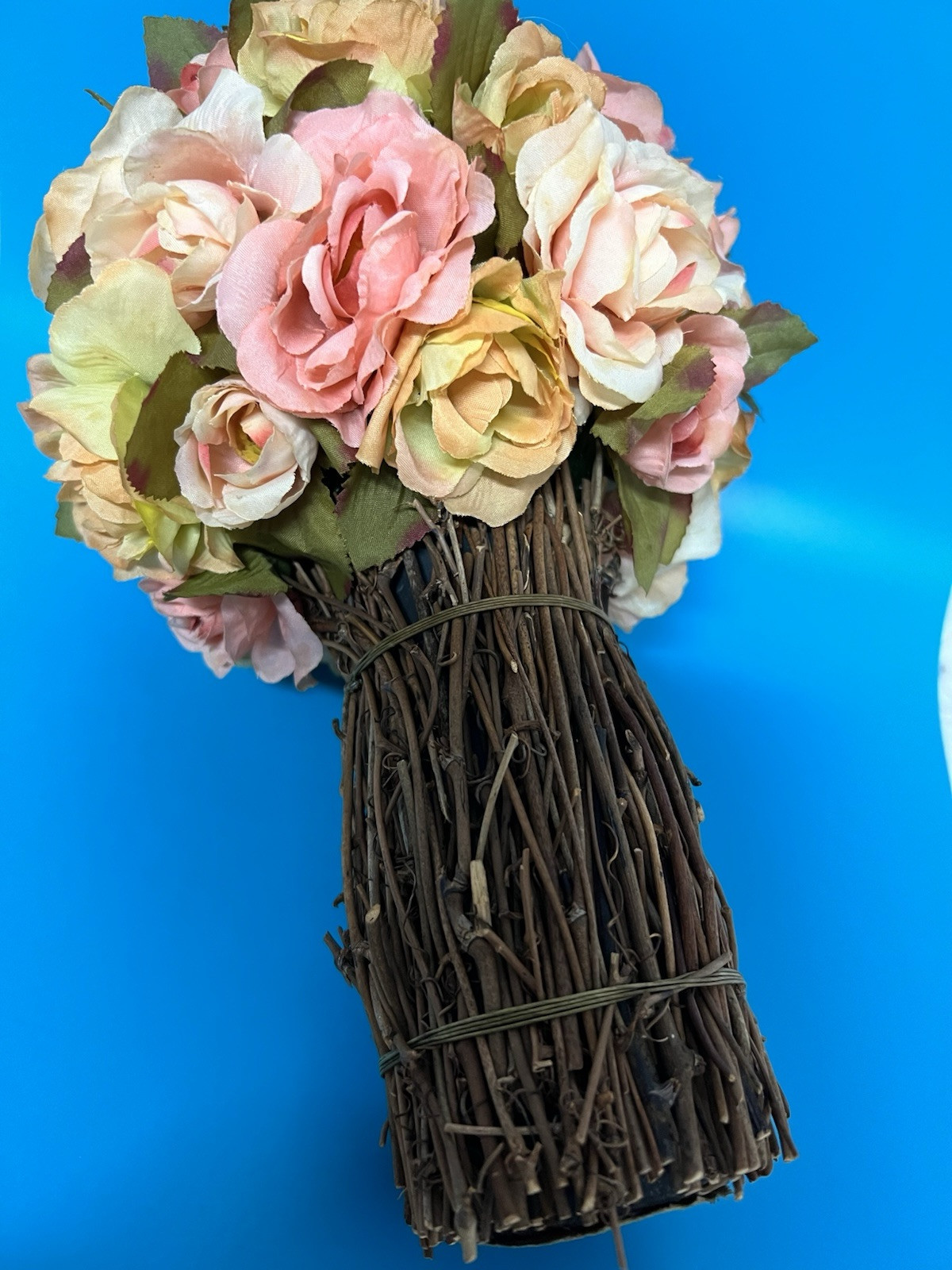 Vintage Flower & Straw Twig Standing Artificial Bouquet Of Roses Home Decor