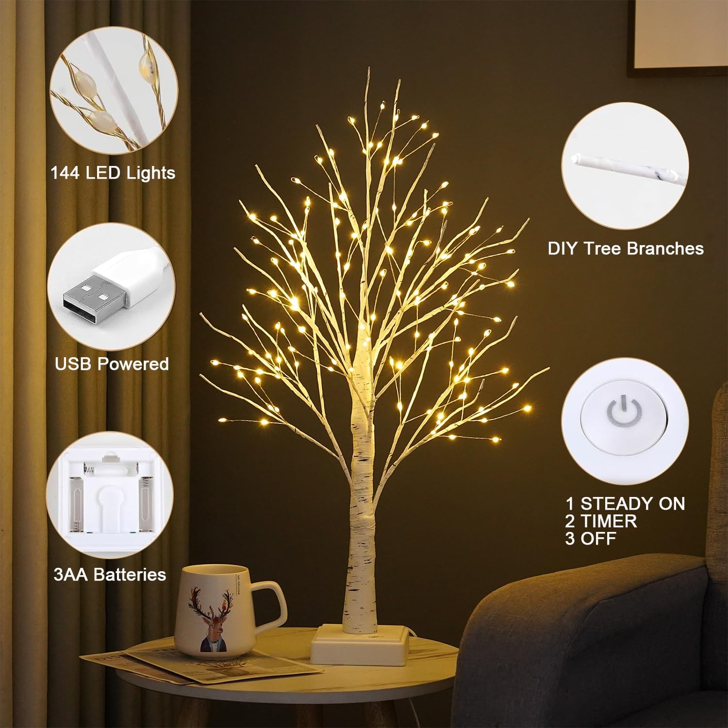 Lighted Trees for Indoor Decor, 24”2FT White Birch Tree with 144 LED Lights, …