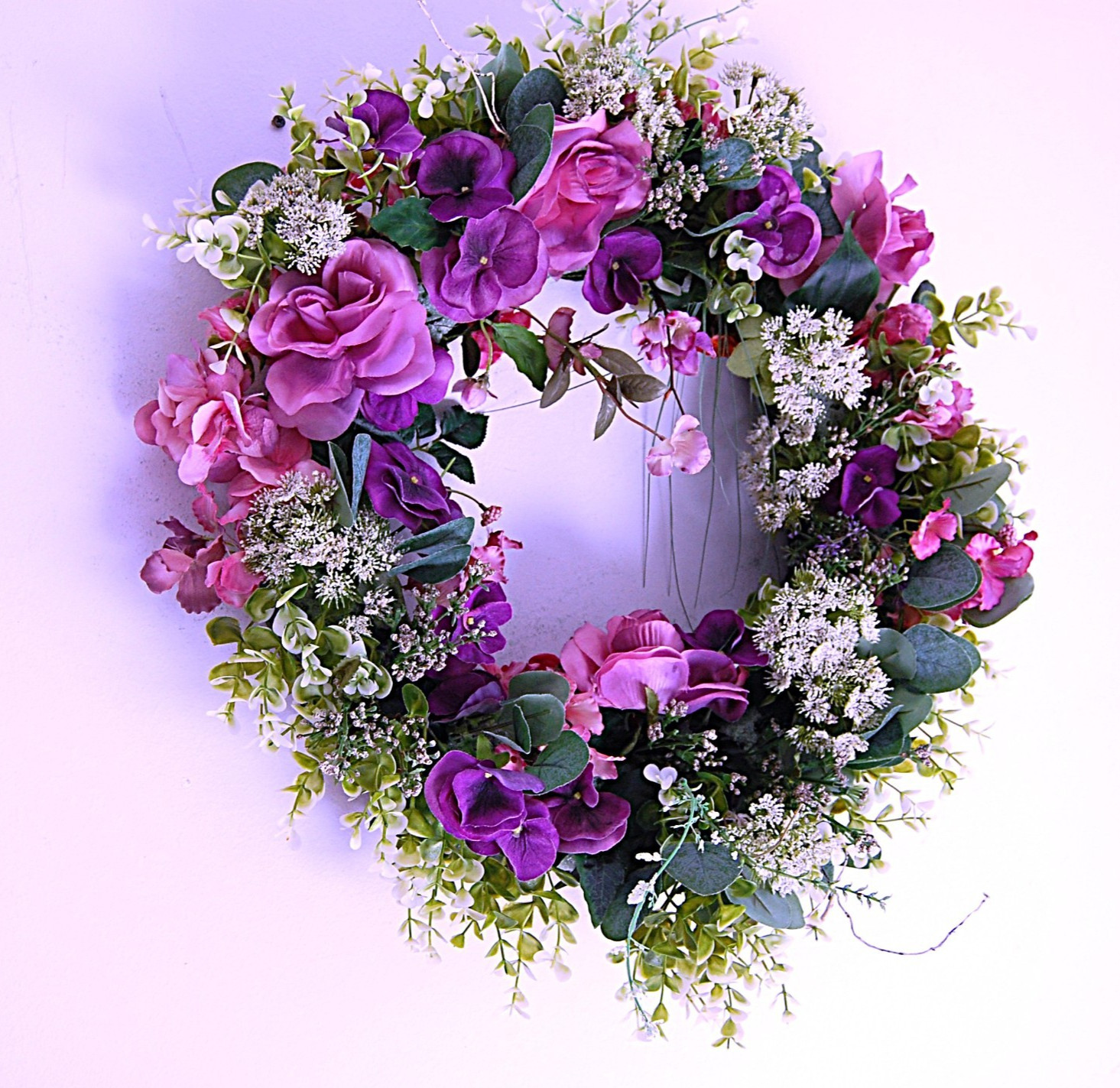 Queen Anne’s Lace Roses and Pansies Silk Floral Wreath- JaNice Botanicals