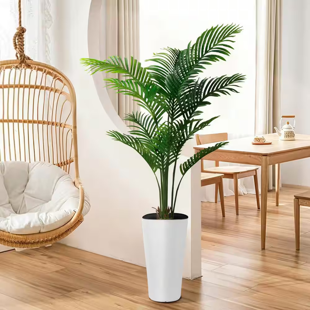5 Ft Artificial Palm Tree White Pot with Real Bark Design Faux Areca Palm Tree f