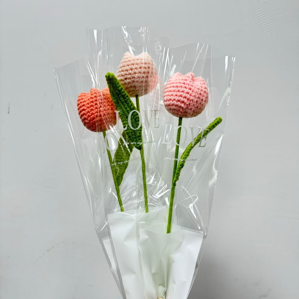 6 pcs Crochet Flower Tulip Bouquet,15″ Finished Hand-Woven Bouquets, Fake Flo…
