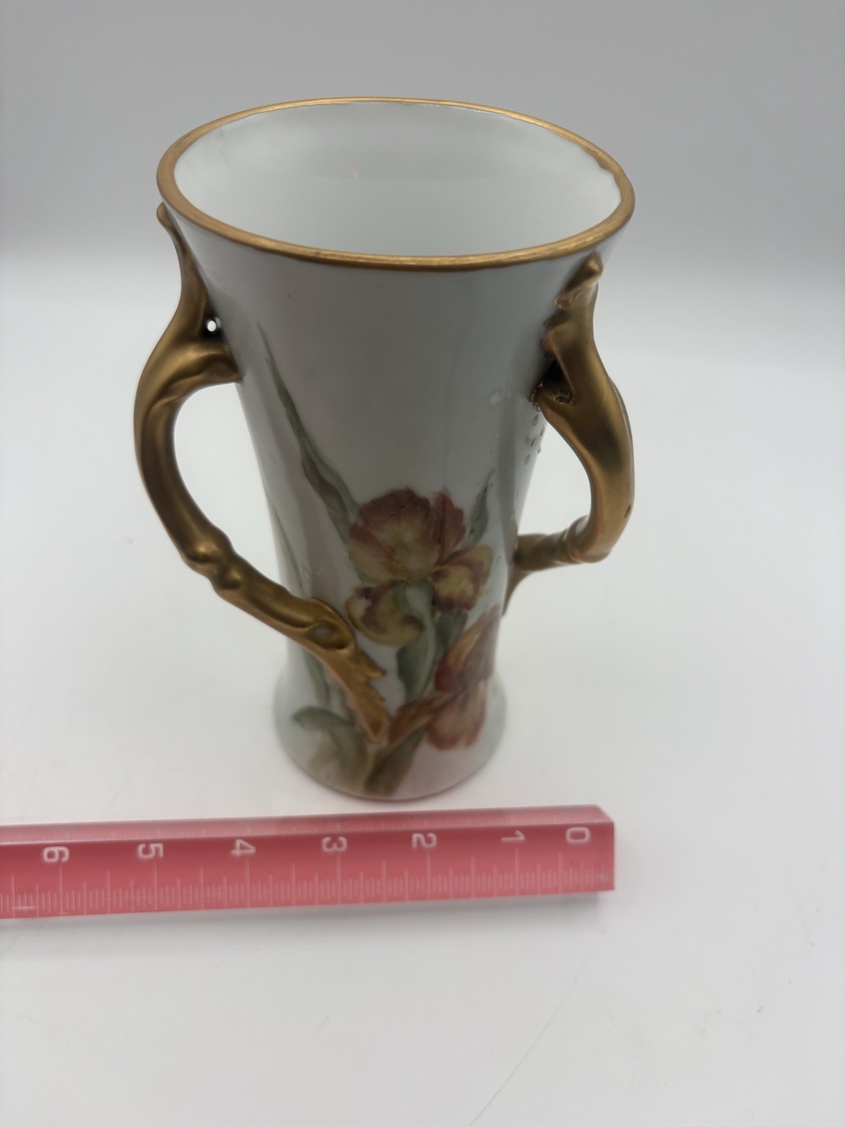 White Ceramic Floral vase with Gold Trim triple Handles, Pink Green Flowers