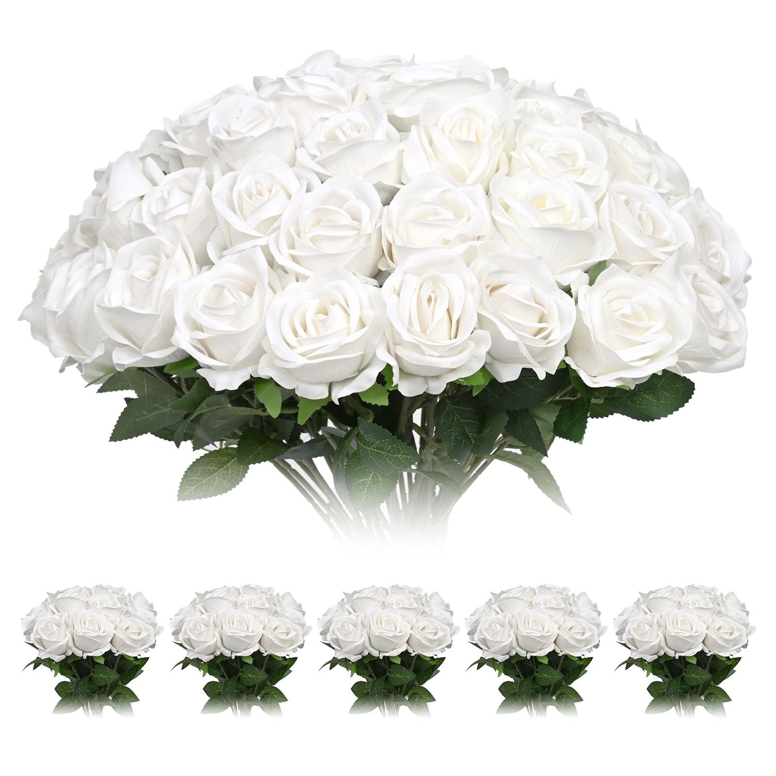 50 Pcs Artificial Roses Bulk, White Velvet Silk Rose Realistic Faux Artificia…