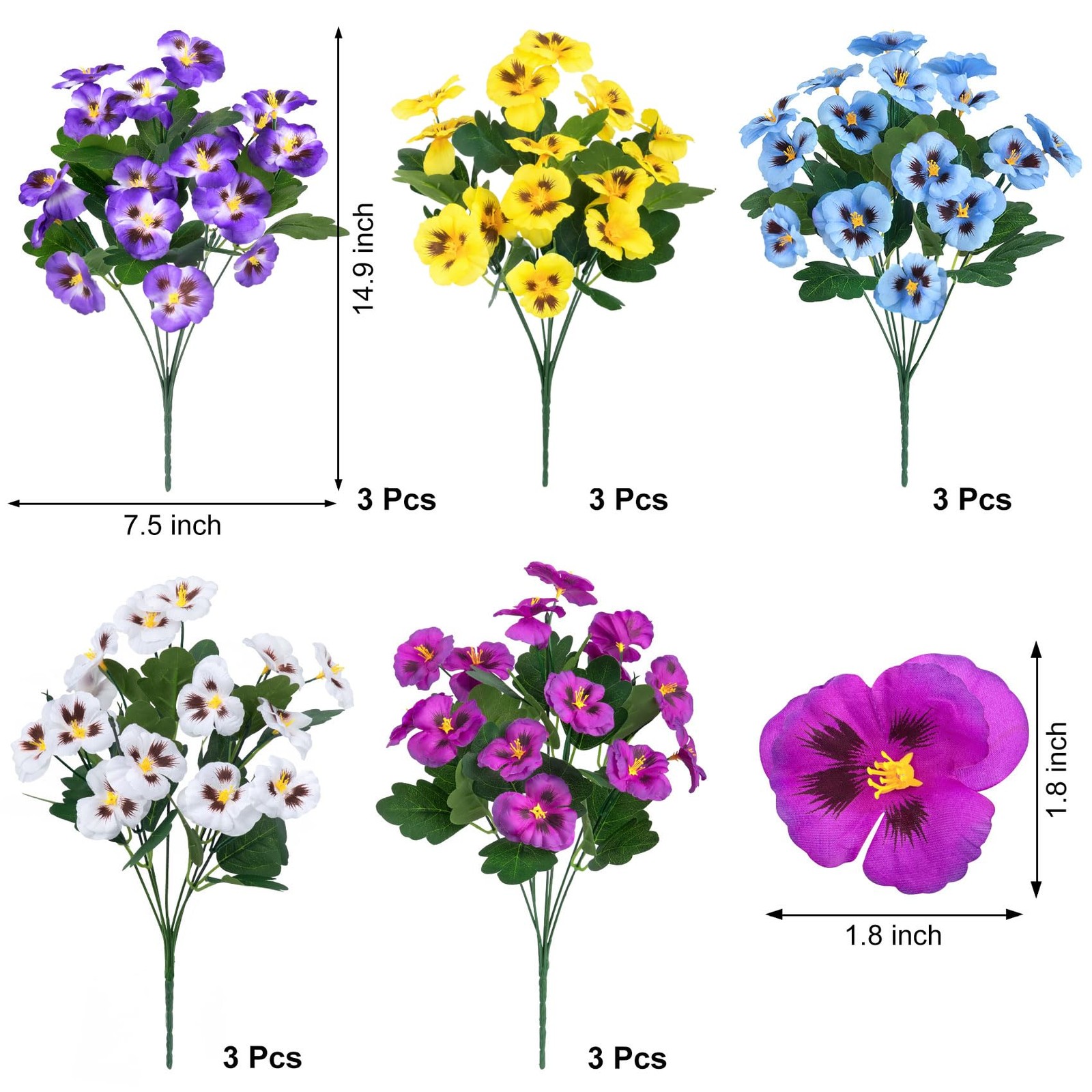 Ouddy Decor 15 Bundles Artificial Flowers for Outdoors, 15″ Fake Pansies Silk…