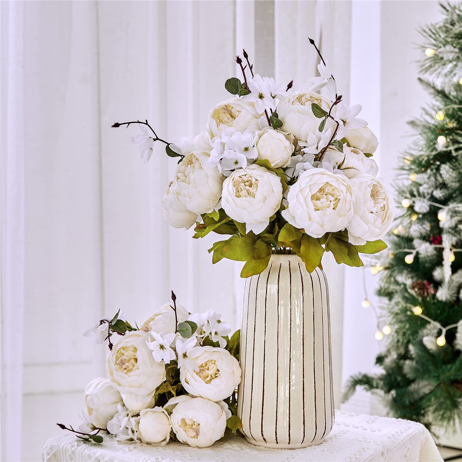 2 Pack Large Artificial Cream White Peony Silk Flower Bouquets Centerpieces