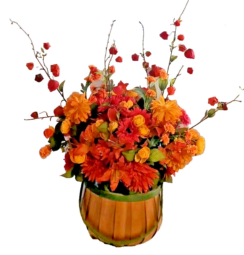 Large Fall Floral Arrangement Centerpiece In Rustic Wood Basket 33″ H X 20″ W
