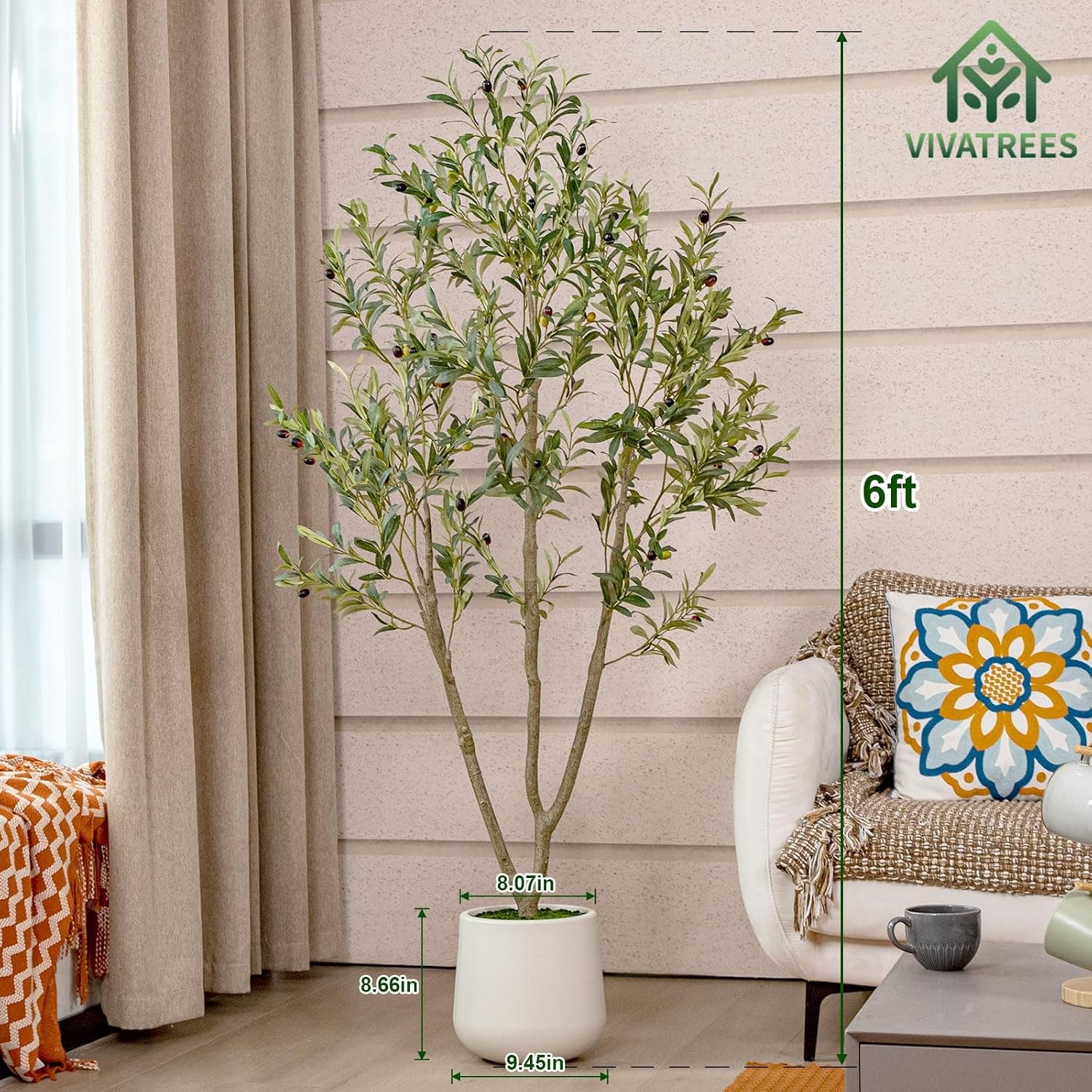 Artificial Olive Tree 6FT Tall Faux Olive Tree W/ White Planter Artificial