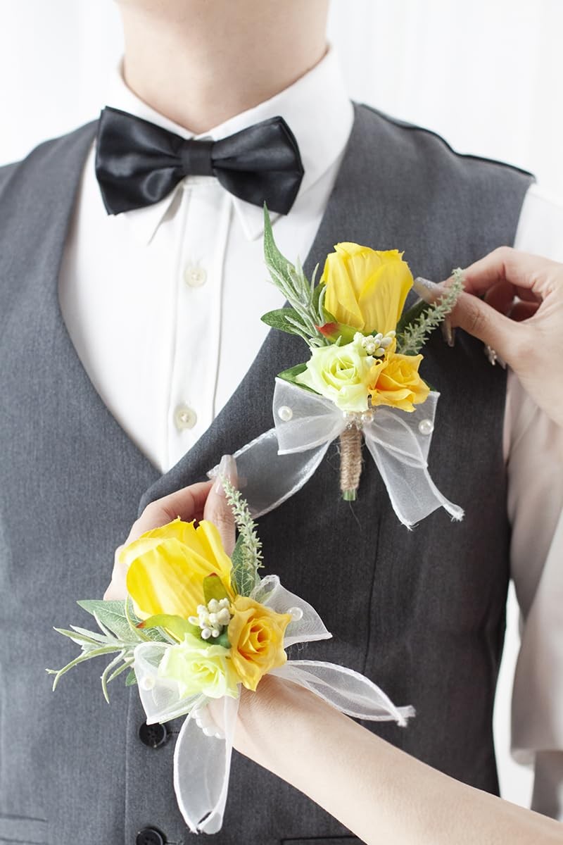 Yellow Corsage Boutonniere Set Wedding Prom Artificial Rose Men Suit Decor
