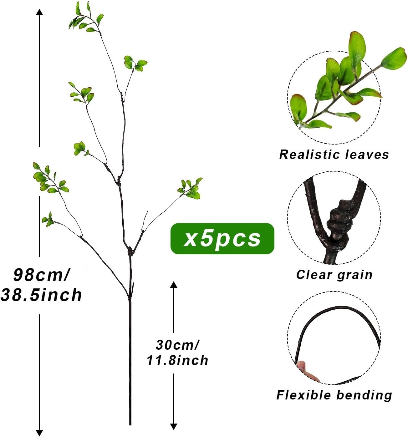 5 Pcs Artificial Ficus Branches for Vase, 38.5 Inch Faux Greenery Stems Reali…