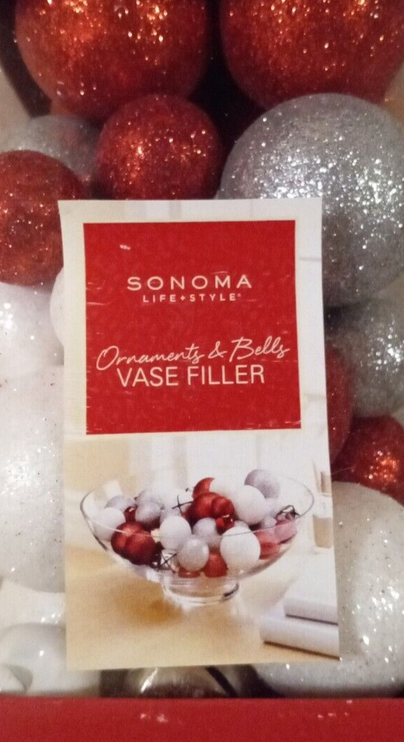 Sonoma silver, red & white ornaments & bells VASE or BOWL filler – NIB