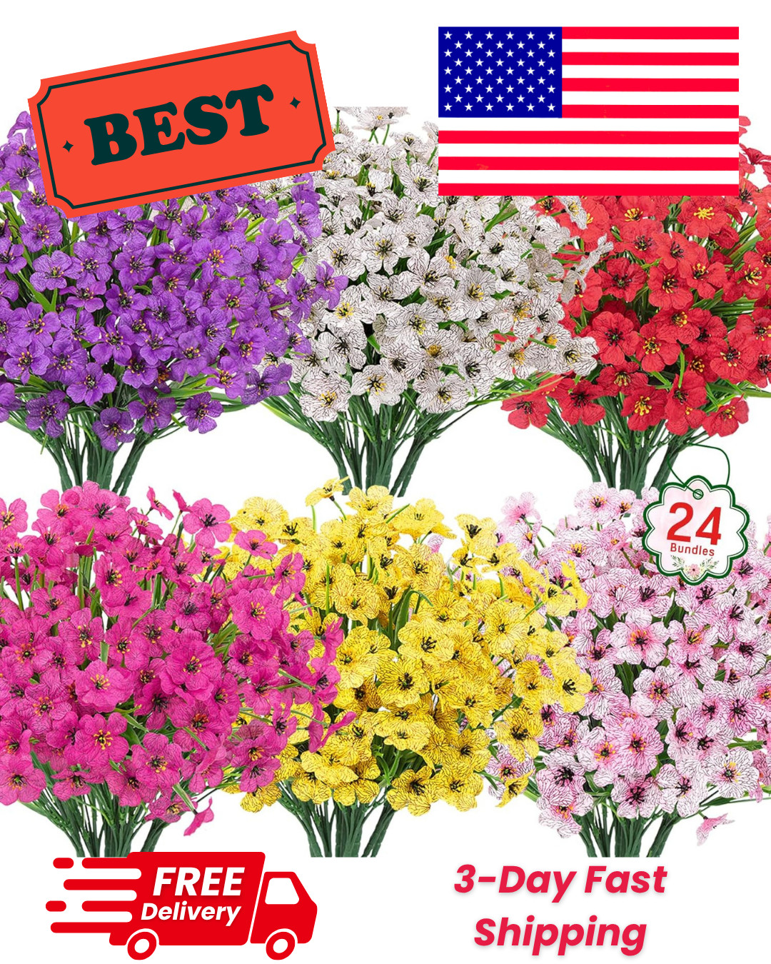 24 Bundles Artificial Flowers for Outdoors UV Resistant Silk Fake Flowers Faux