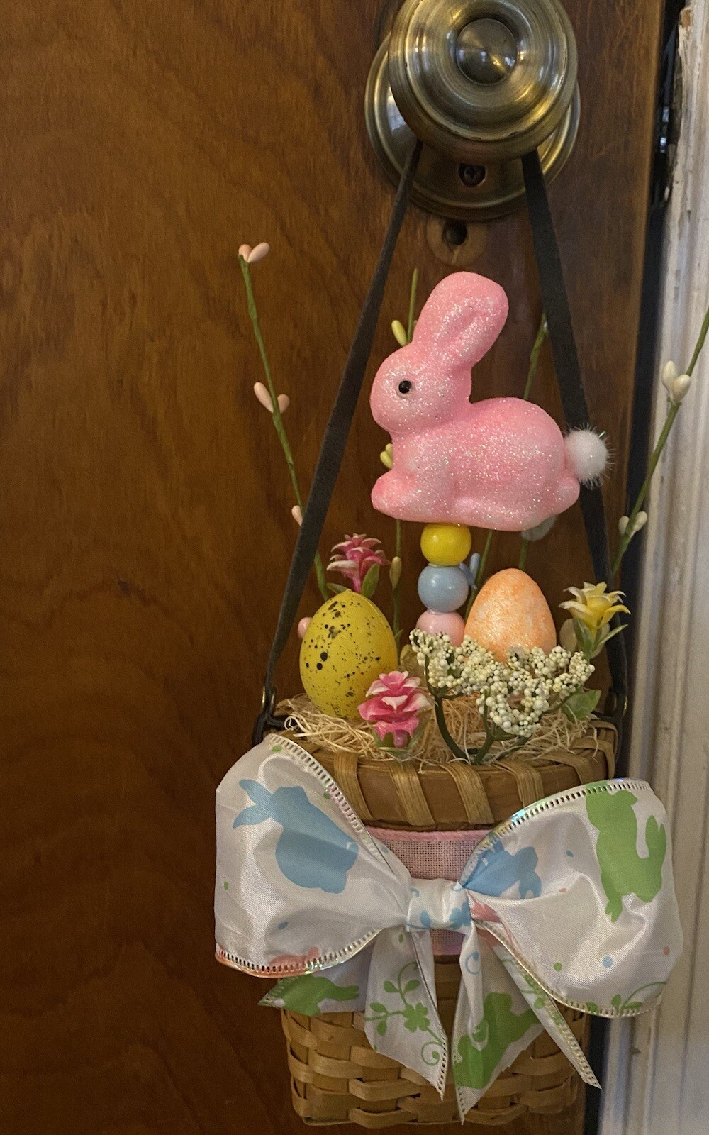 Handmade Floral Flower Arrangement Spring Easter Hanging Basket Bunny Egg Decor