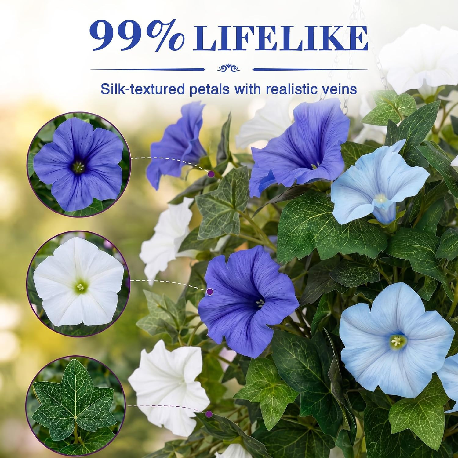 UV Resistant Faux Petunias – 2Pcs Blue & White Hanging Outdoor Flowers