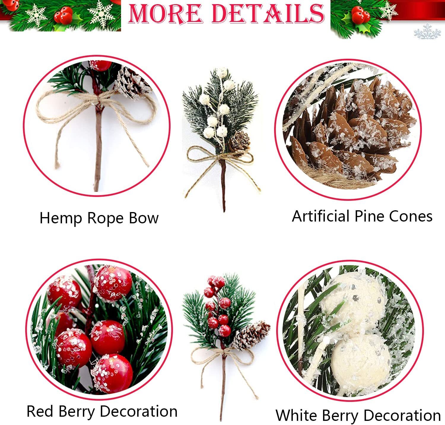 10×Pieces Artificial Pine Picks Christmas Tree Picks with White Berries Pinecone